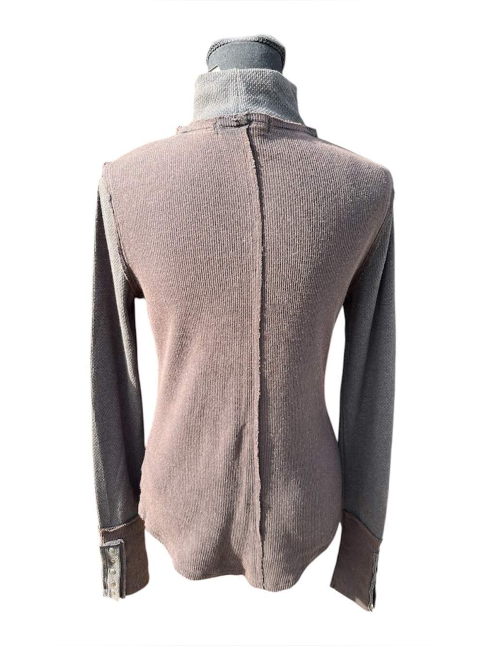 We The Free Ribbed Turtleneck Brown Gray Snap Cuff Boho Top M or L NWOT - Picture 2 of 6